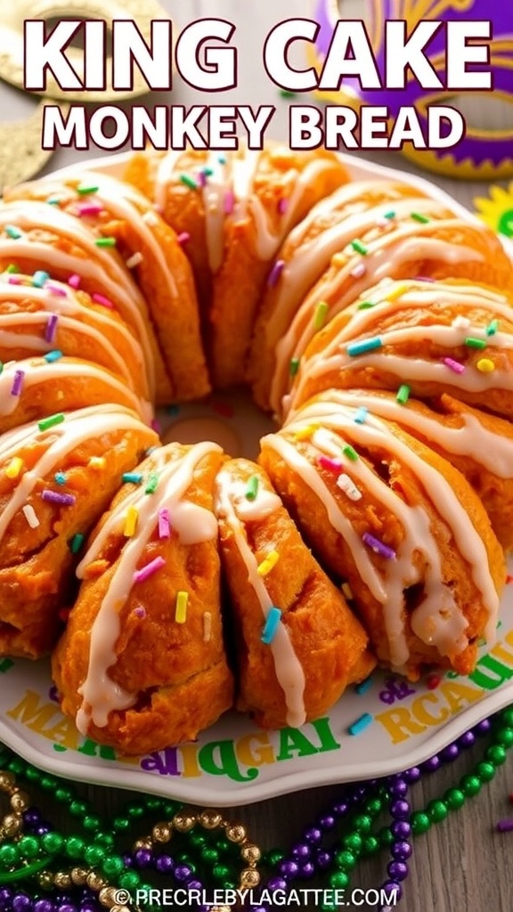 King Cake Monkey Bread with colorful sprinkles on a festive plate, perfect for Mardi Gras celebrations.